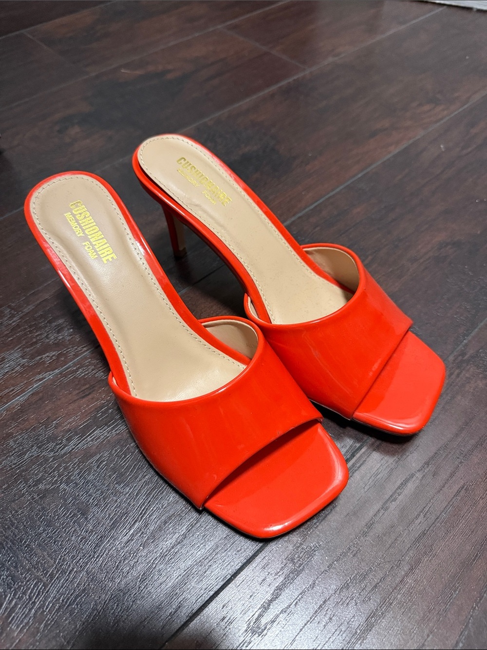 CUSHIONAIRE Bright Orange Patent Leather Open-Toe Mules Heel Sandals Slides